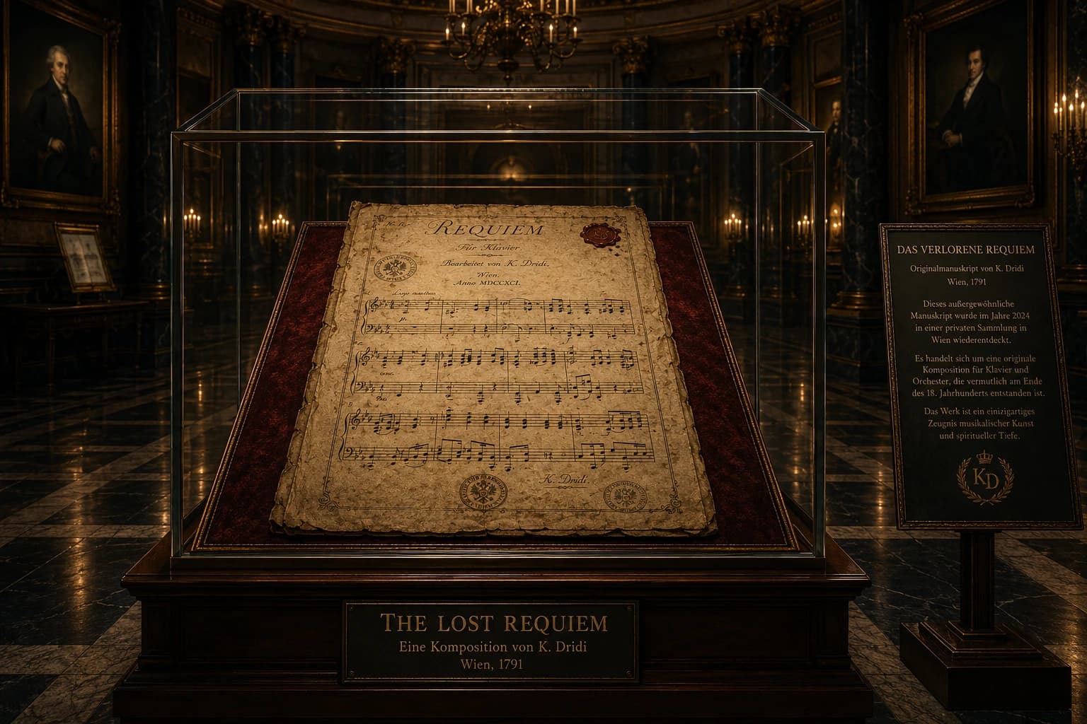 Reserved exhibition frame for the central manuscript of The Lost Requiem