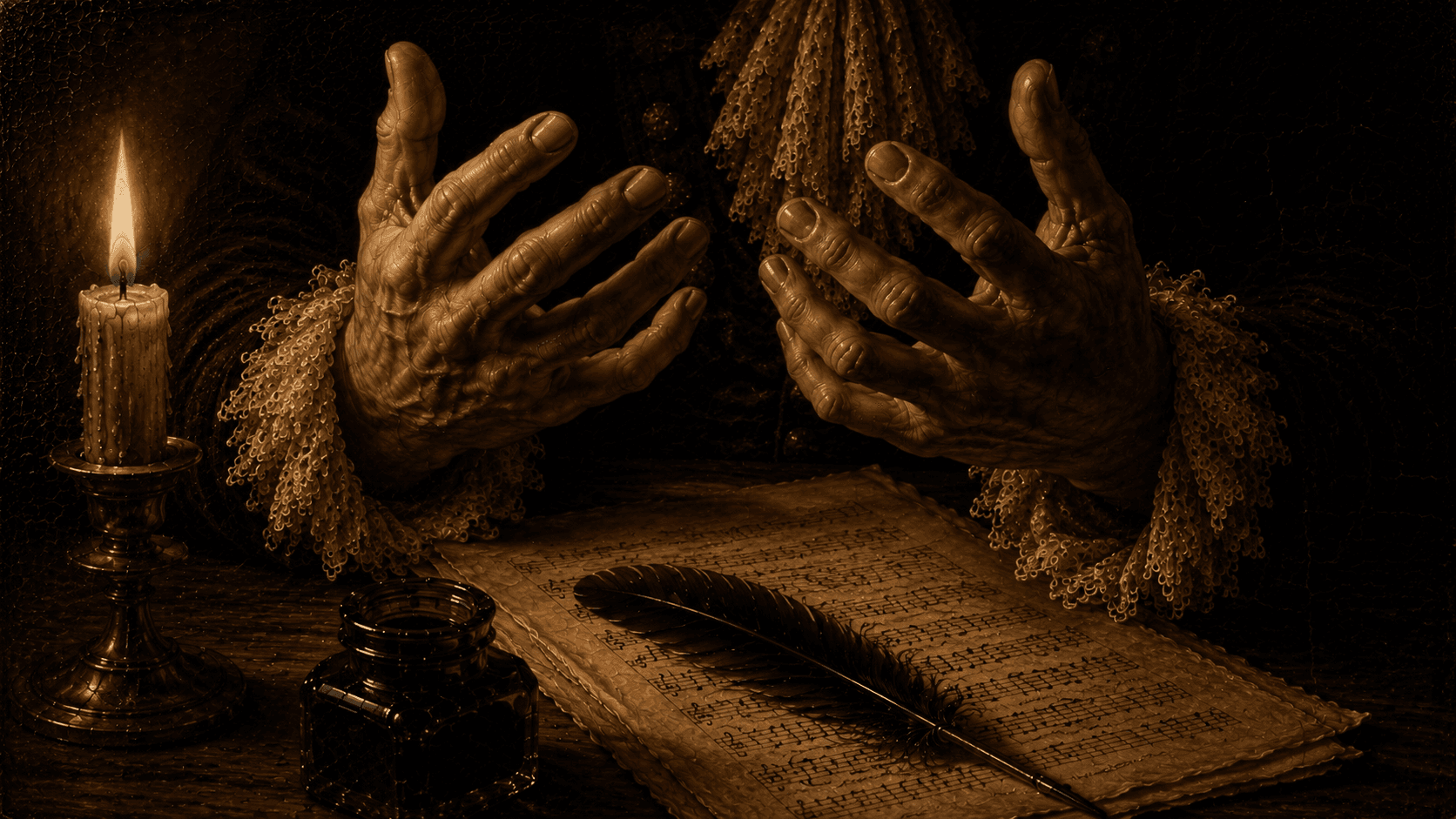 Hands over manuscript in warm candlelight